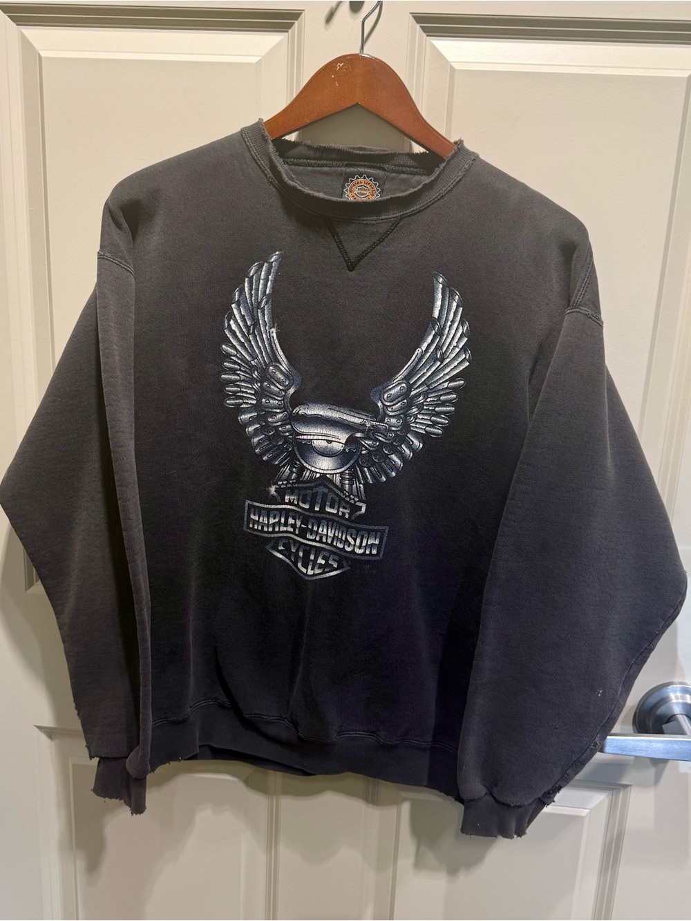 Vintage 90s Harley Davidson Chrome Eagle Engine Crewneck Faded Black Large